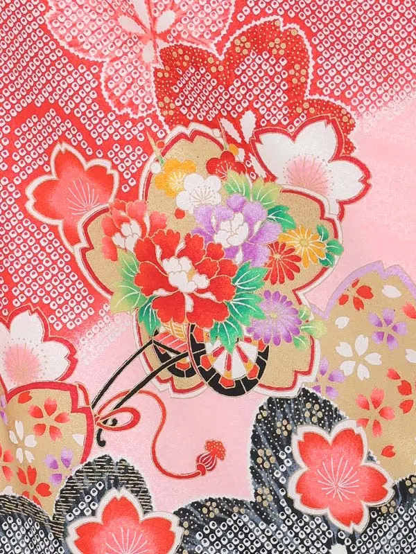 【絵羽】まり白ピンク　疋田風花車赤