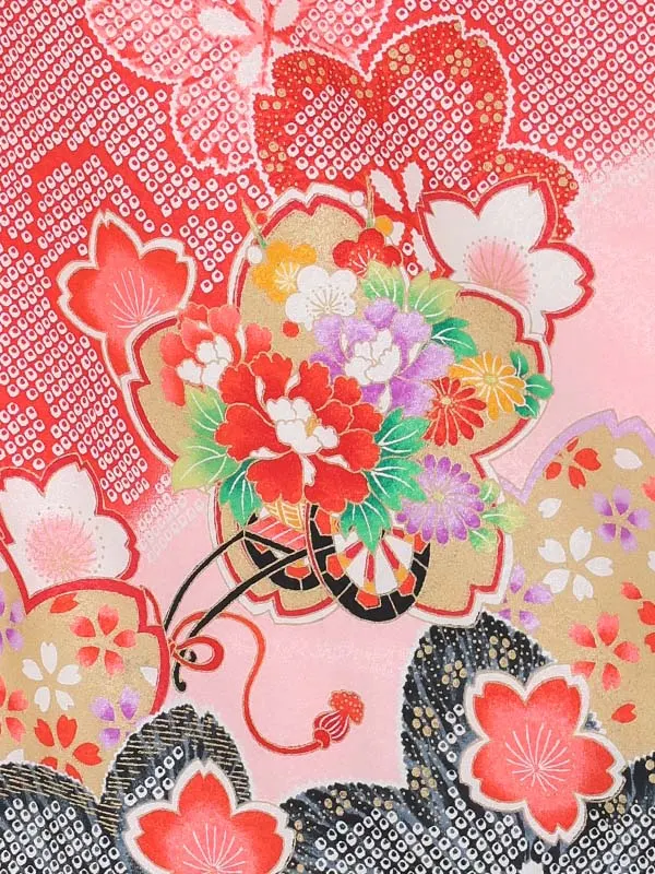 【絵羽】【刺繍】まりピンク　疋田風花車赤