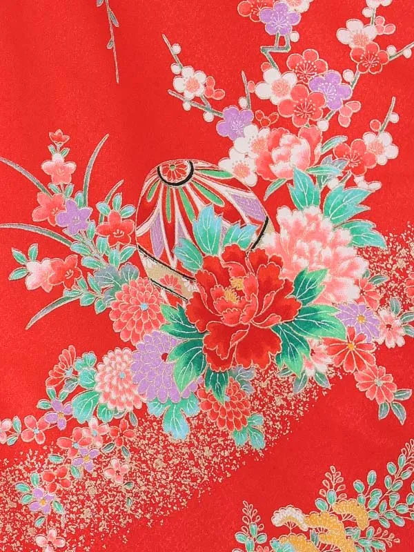【絵羽】【刺繍】ぼたんピンク　花車におし鳥赤