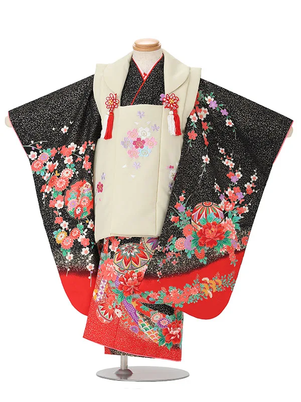 【絵羽】【刺繍】花丸ベージュ　まりに熨斗黒