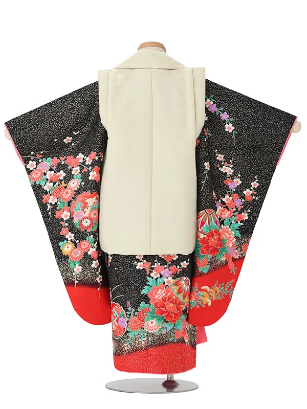【絵羽】【刺繍】花丸ベージュ　まりに熨斗黒