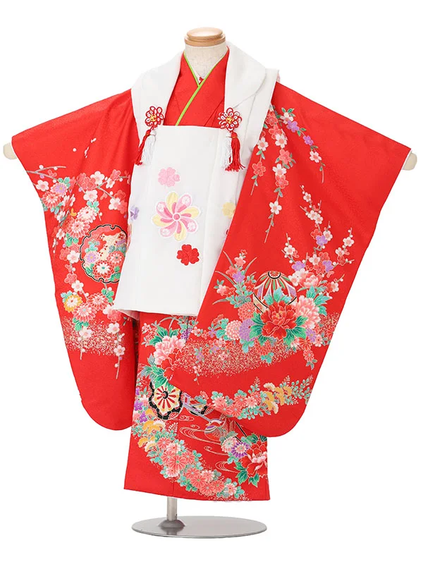 【絵羽】【刺繍】ねじり梅白　花車におし鳥赤