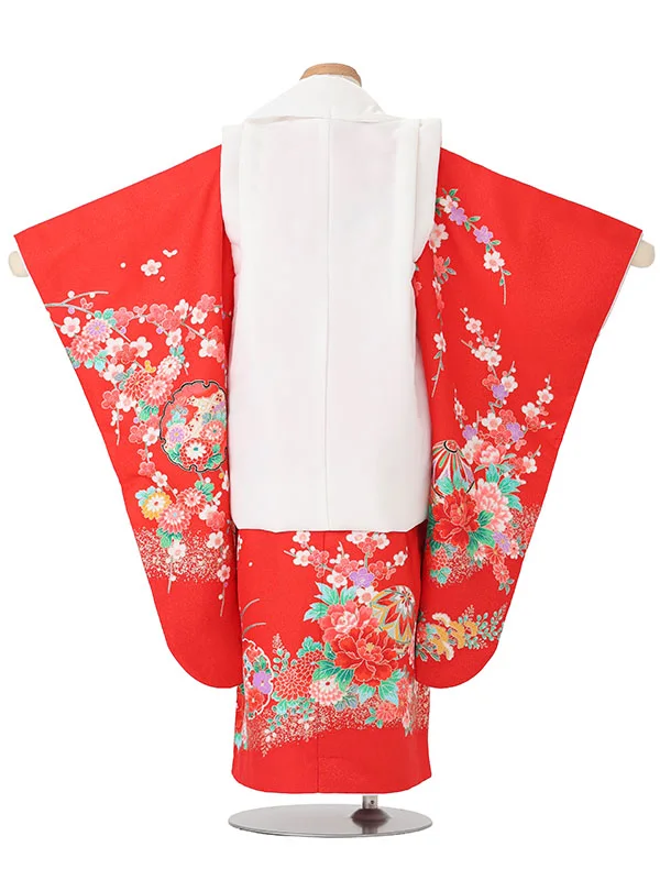 【絵羽】【刺繍】ねじり梅白　花車におし鳥赤