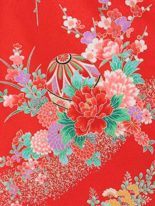 【絵羽】【刺繍】ねじり梅白　花車におし鳥赤