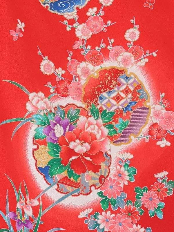 【絵羽】【刺繍】ぼたんピンク　花車におし鳥赤