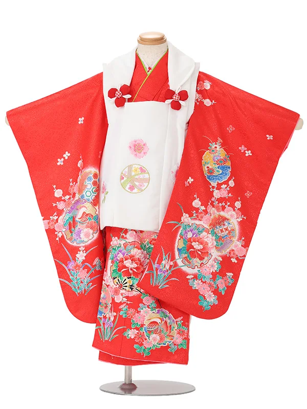 【絵羽】【刺繍】まり白　花車におし鳥赤