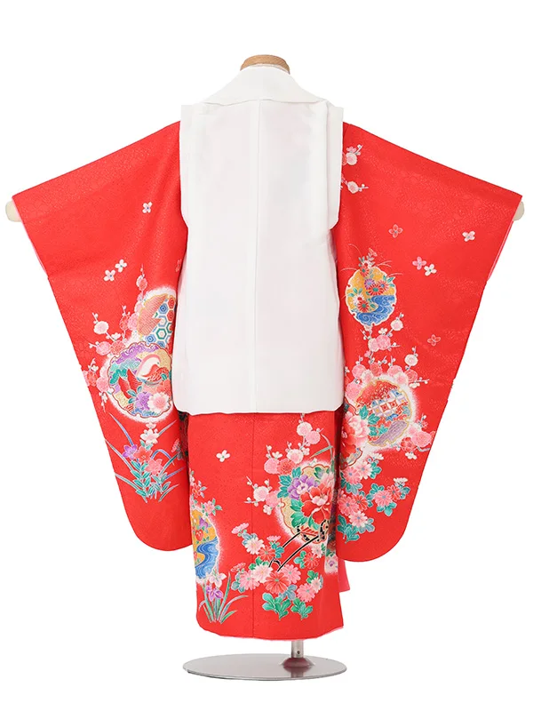 【絵羽】【刺繍】まり白　花車におし鳥赤