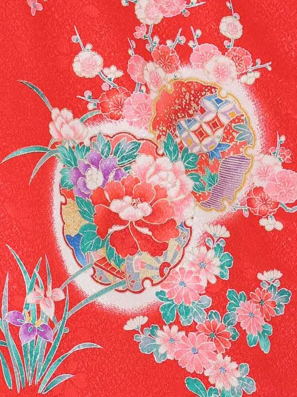 【絵羽】【刺繍】まり白　花車におし鳥赤
