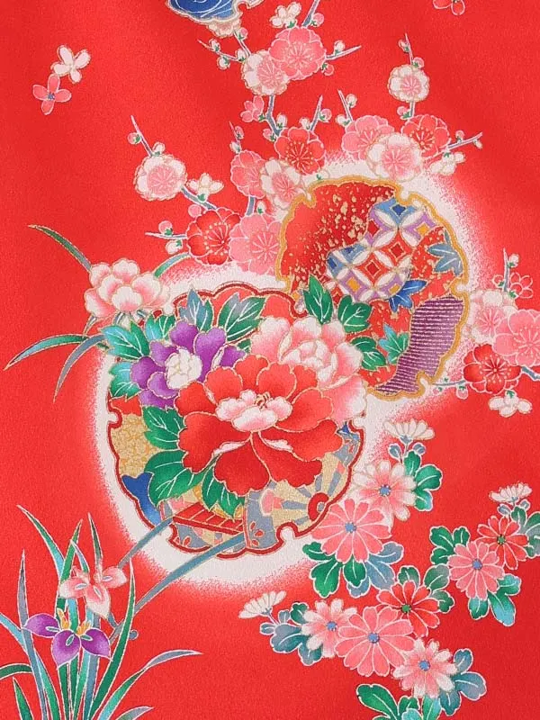 【絵羽】まり白ピンク　花車におし鳥赤