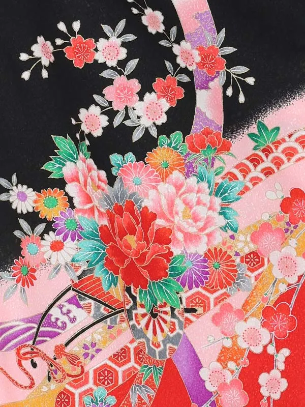 【絵羽】【刺繍】まりクリーム　花車におし鳥黒