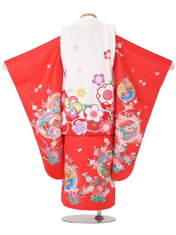 【絵羽】【刺繍】ねじり梅白赤　花車におし鳥赤