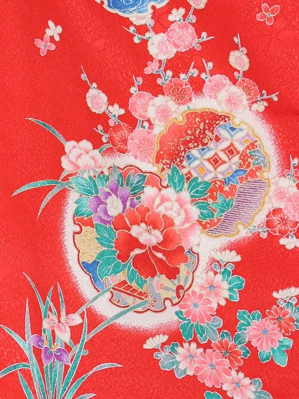 【絵羽】【刺繍】ねじり梅白赤　花車におし鳥赤