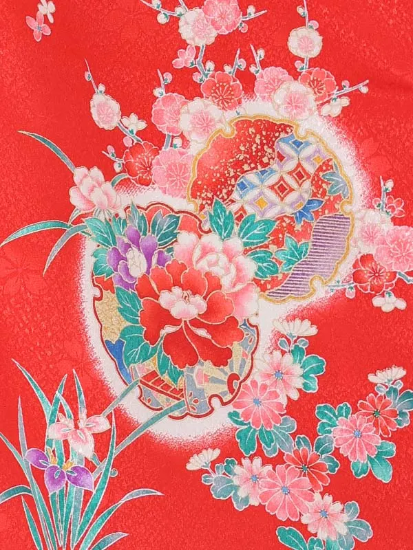 【絵羽】【刺繍】まりにうさぎピンク　花車におし鳥赤