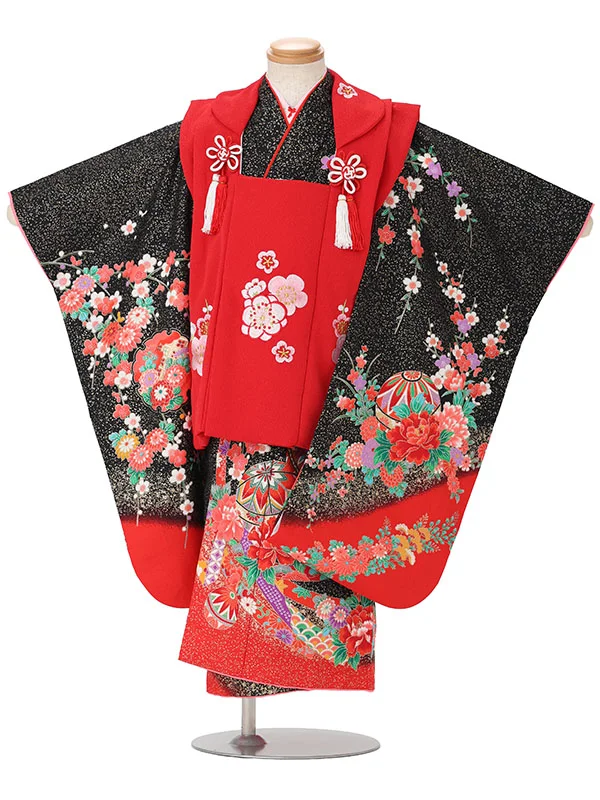 【絵羽】【刺繍】八重桜赤　まりに熨斗黒