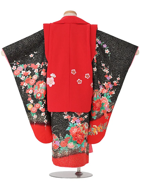 【絵羽】【刺繍】八重桜赤　まりに熨斗黒