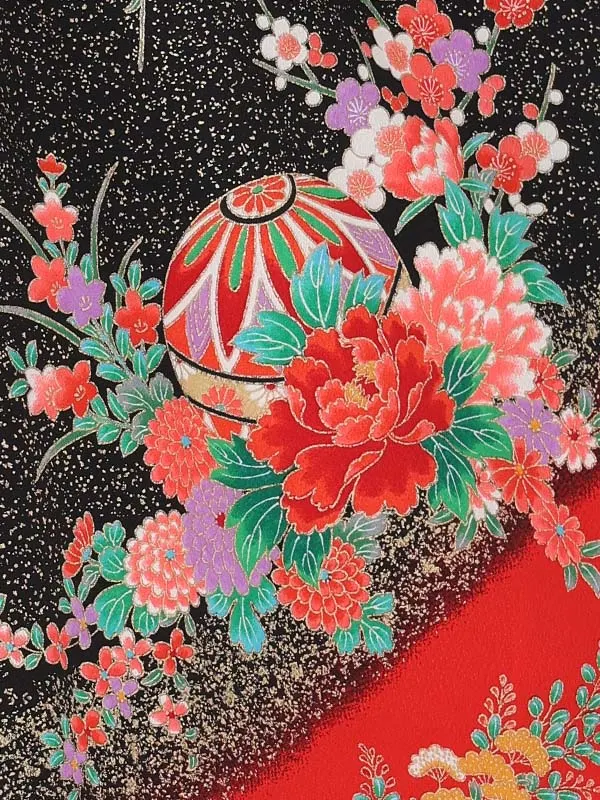 【絵羽】【刺繍】八重桜赤　まりに熨斗黒