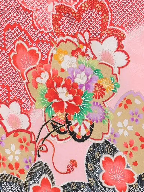 【絵羽】【刺繍】まり白　疋田風花車赤黒