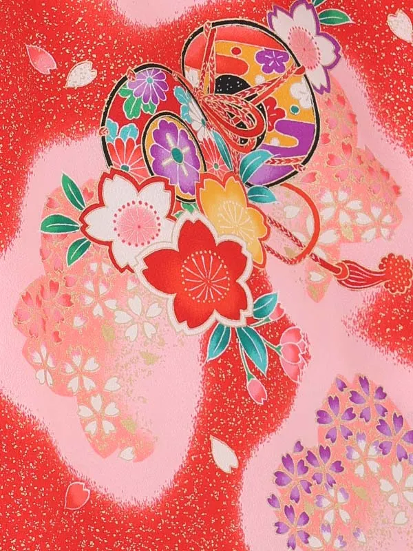 【絵羽】【金彩】まり薄ブルー　鼓赤