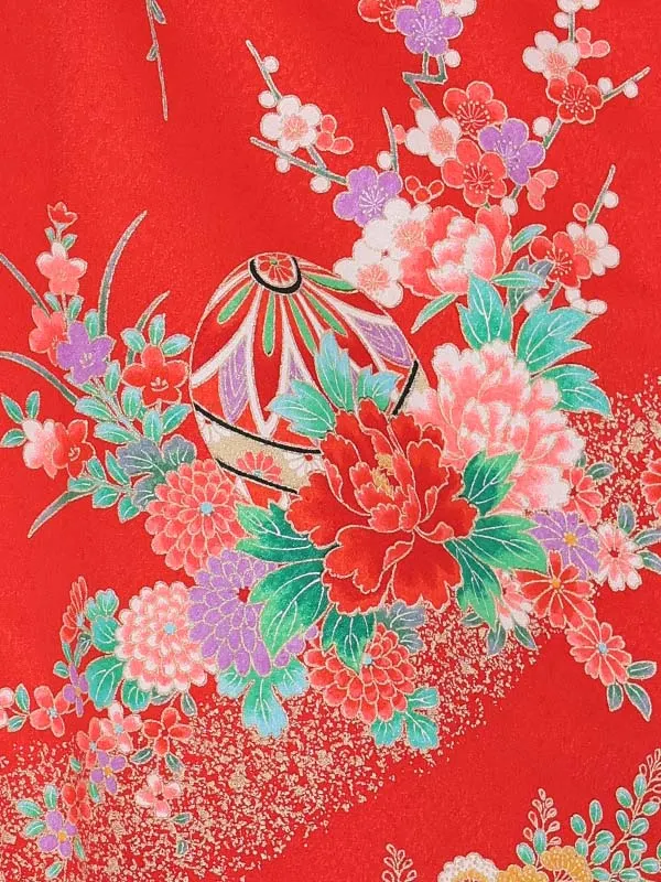 【絵羽】まり白　花車におし鳥赤