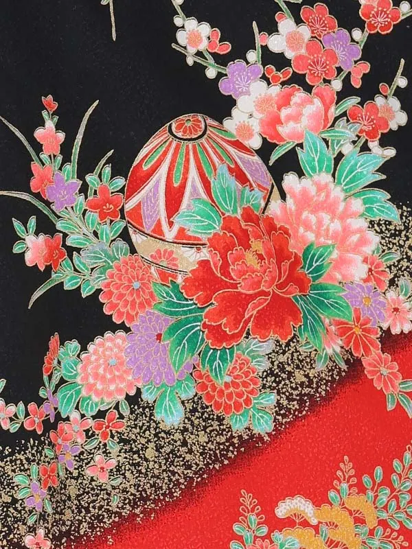 【絵羽】【刺繍】ねじり梅ベージュ　まりに熨斗黒