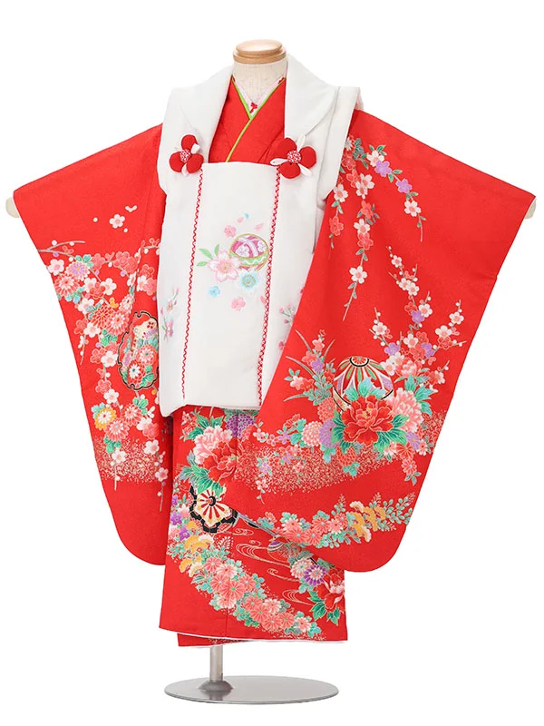 【絵羽】【刺繍】まり白　花車におし鳥赤