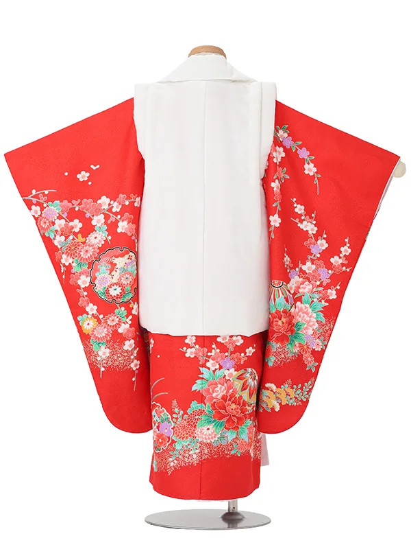 【絵羽】【刺繍】まり白　花車におし鳥赤