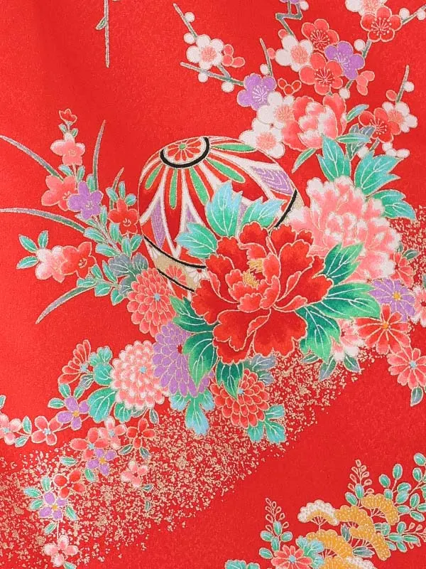 【絵羽】【刺繍】まり白　花車におし鳥赤