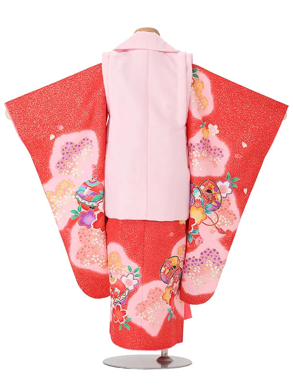 【絵羽】【刺繍】まりピンク　鼓赤