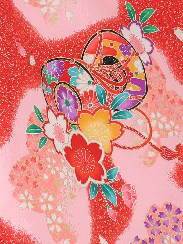【絵羽】【刺繍】まりピンク　鼓赤