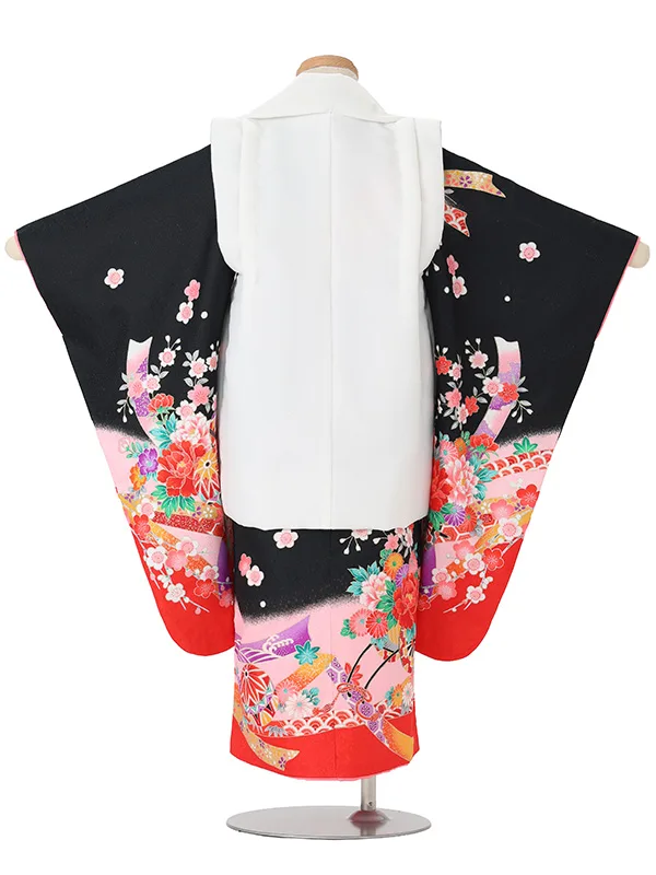 【絵羽】【刺繍】桜白　花車に熨斗黒