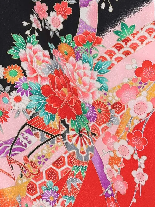 【絵羽】【刺繍】桜白　花車に熨斗黒