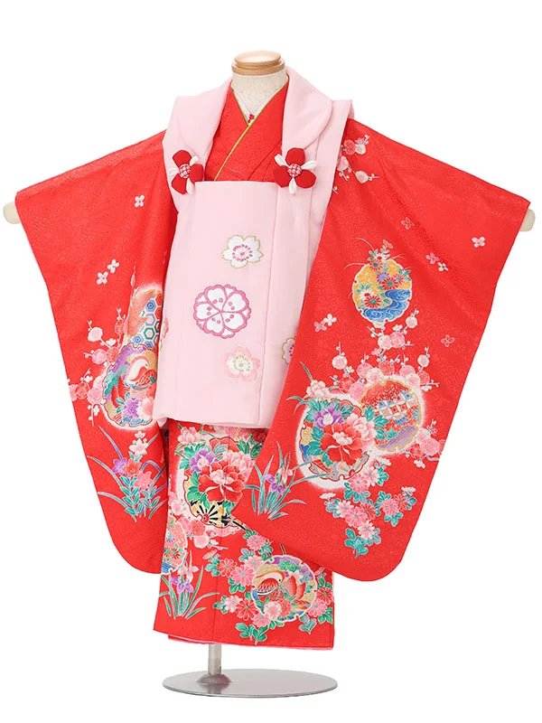 【絵羽】【刺繍】桜ピンク　花車におし鳥赤