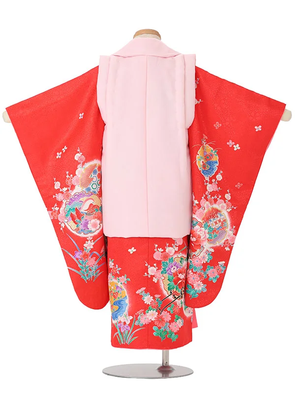【絵羽】【刺繍】桜ピンク　花車におし鳥赤