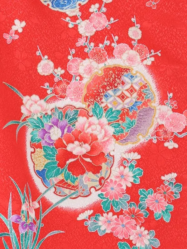 【絵羽】【刺繍】桜ピンク　花車におし鳥赤