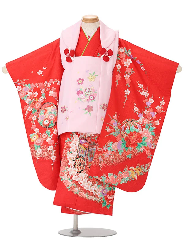 【絵羽】【刺繍】まり花丸ピンク　御所車赤