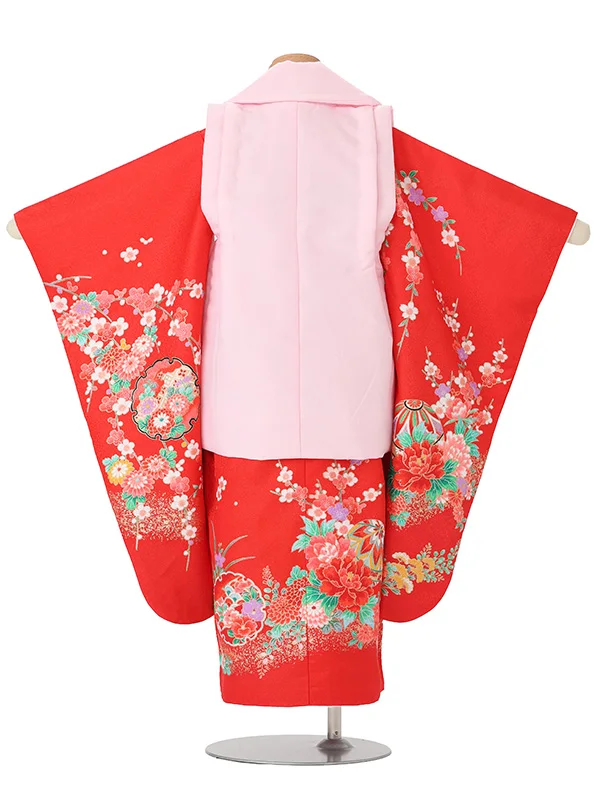 【絵羽】【刺繍】まり花丸ピンク　御所車赤