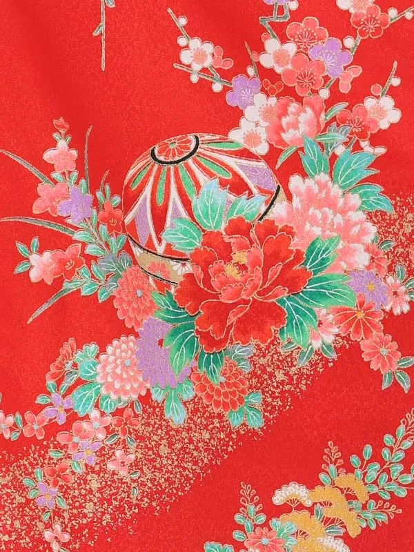 【絵羽】【刺繍】まり花丸ピンク　御所車赤