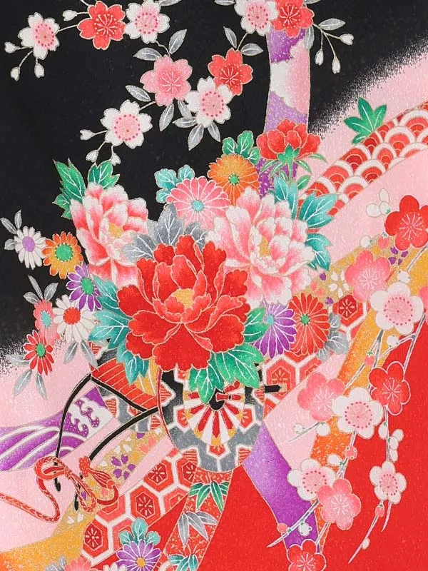 【絵羽】【刺繍】ぼたんピンク　花車にテープ黒