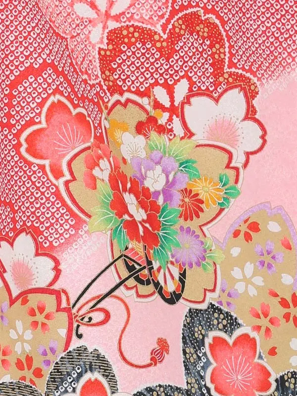 【絵羽】【刺繍】鈴ピンク　疋田風花車赤