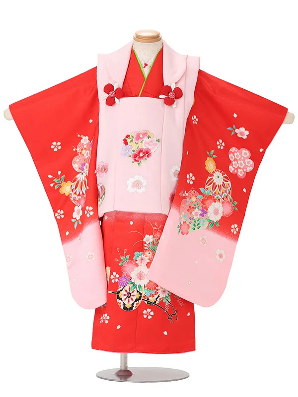 【絵羽】【刺繍】花丸ピンク　花車赤