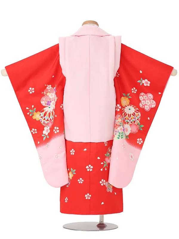 【絵羽】【刺繍】花丸ピンク　花車赤