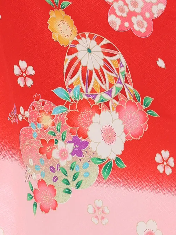 【絵羽】【刺繍】花丸ピンク　花車赤