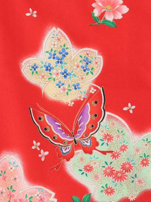【絵羽】【刺繍】まりピンク　蝶赤