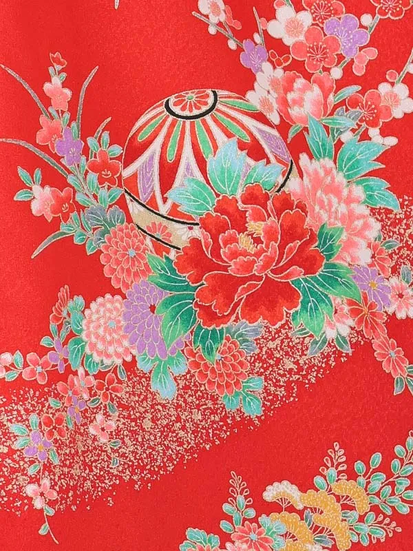 【絵羽】【刺繍】スティチピンク　花車におし鳥赤