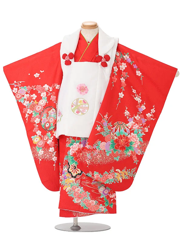 【絵羽】【刺繍】まり白　花車におし鳥赤