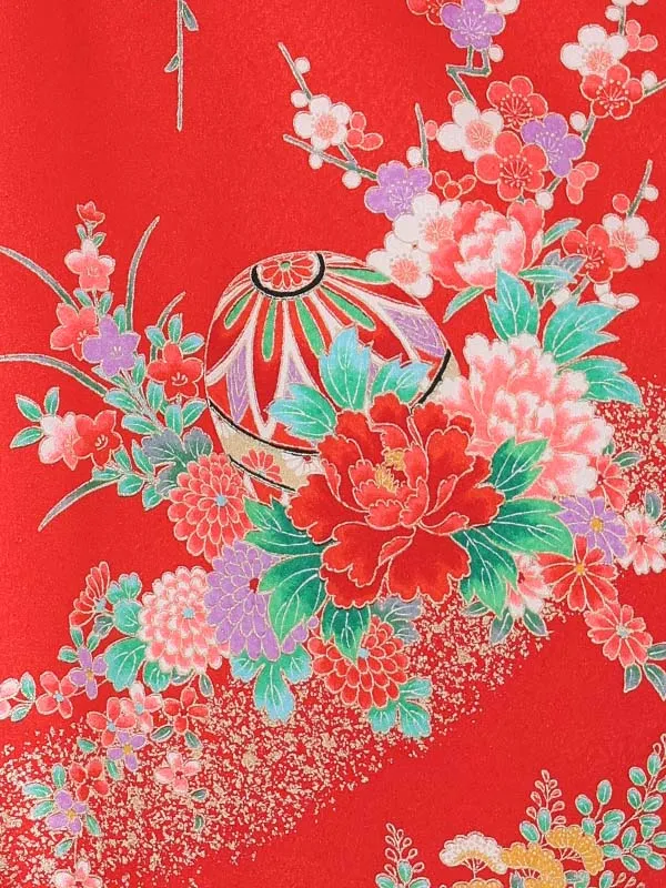 【絵羽】【刺繍】まり白　花車におし鳥赤