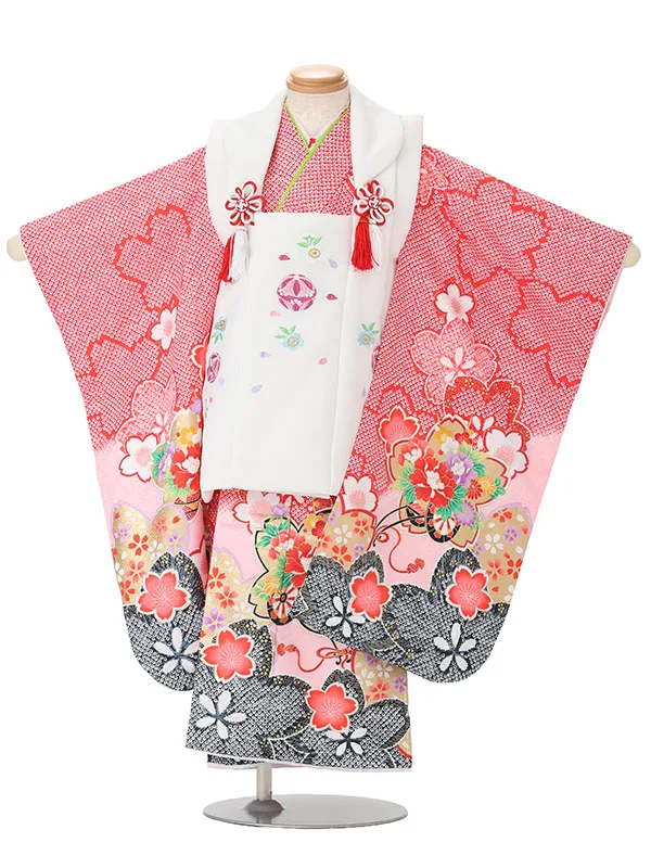 【絵羽】【刺繍】まり白　疋田風花車赤