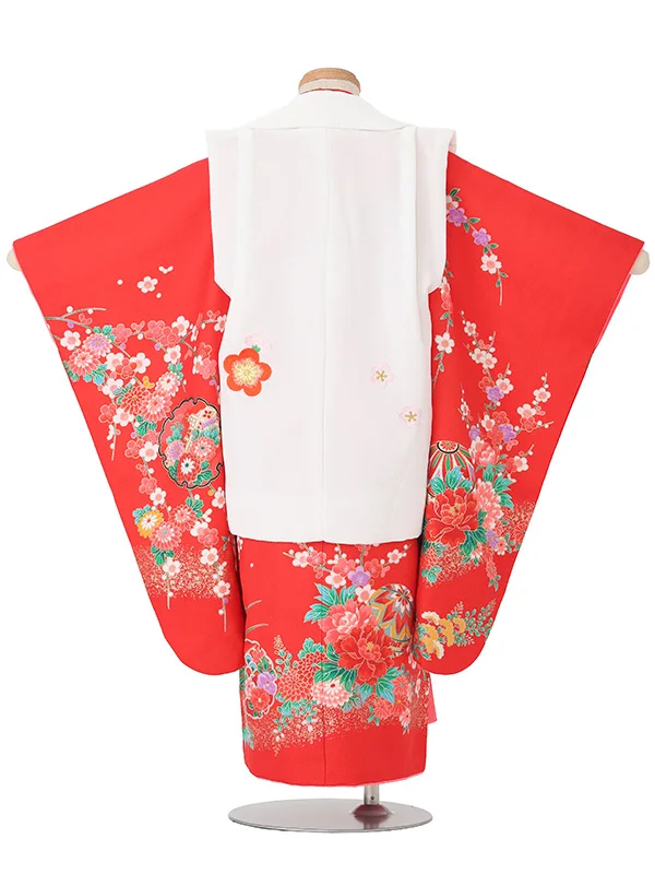 【絵羽】【刺繍】橘白　花車におし鳥赤