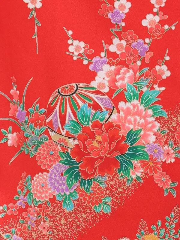 【絵羽】【刺繍】橘白　花車におし鳥赤