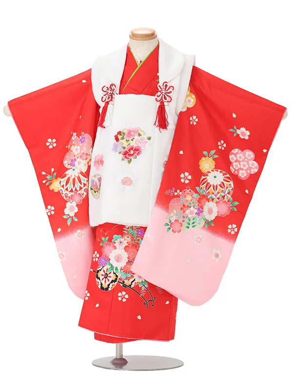 【絵羽】【刺繍】花丸白　花車赤